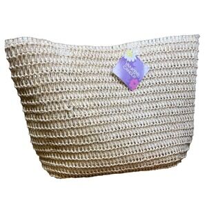 Yankee Candle Straw Tote Bag Floral Lining Beige Woven Beach Handbag NWT